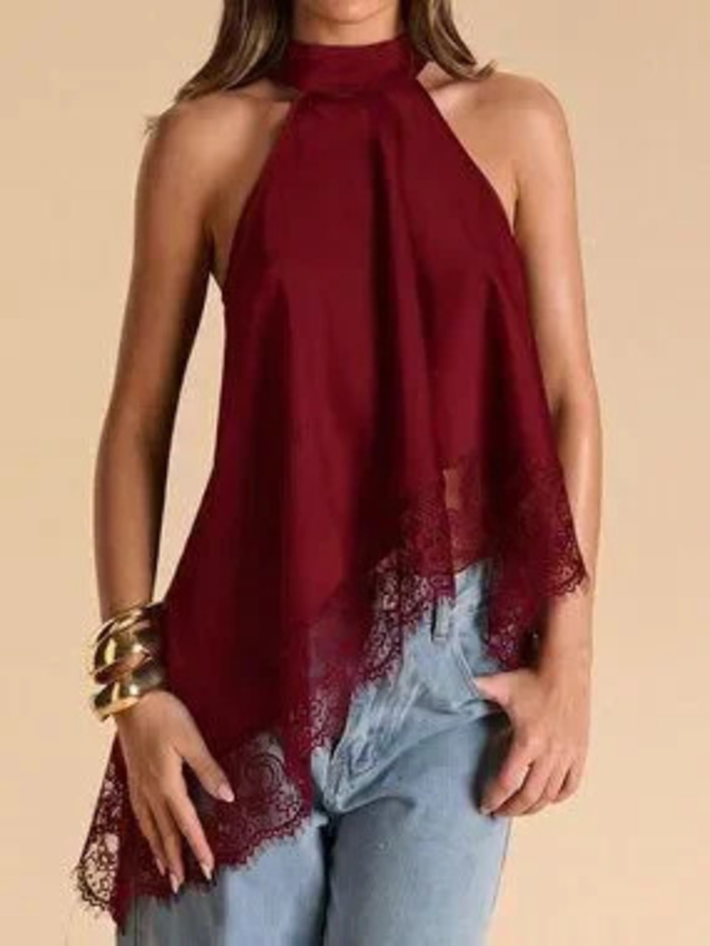 ZARA Burgundy Elegant Women's Halter Neck Backless Lace Trim Tank Top